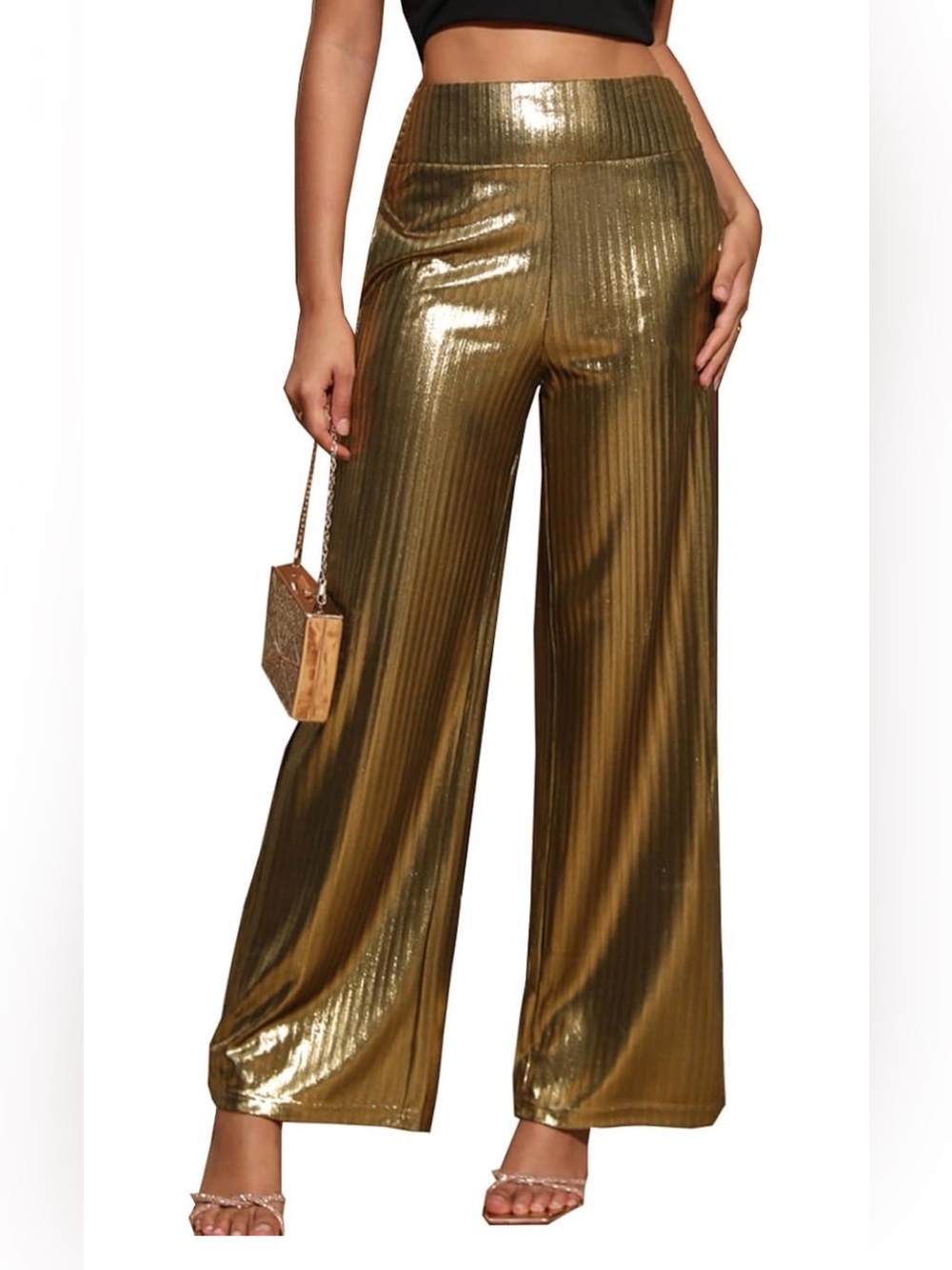 Metallic Gold Wide-Leg Pleated Pants - high waisted, size Medium Short